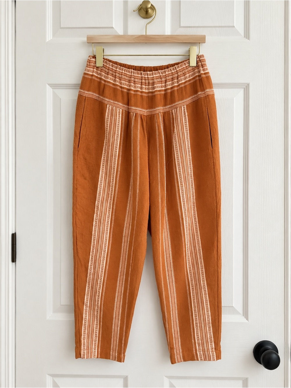 Free People XS Rust Striped Boho Pull On Tapered Pants